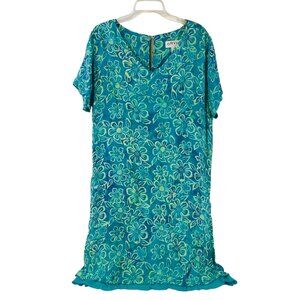 Orvis V-Neck Short Sleeve Midi Shift Dress Hawaiian Floral Tropical Resortwear